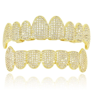 Hip Hop Copper Zirconia Teeth Grillz Vampire Fangs Mouth Jewelry Top Bottom Set For Halloween Party Men Women Gold Silver
