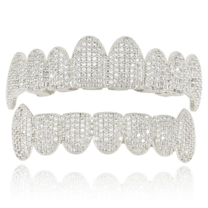 Hip hop silver plated grillz set with sparkling white zircon stones for upper and lower teeth