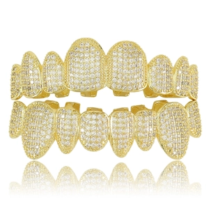 Hip Hop Grillz Set Copper Pave Zirconia Iced Out Teeth Grillz Gold Silver Top Bottom Teeth Grillz For Halloween Party