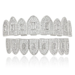 Silver iced out hip hop grillz set with baguette and round cubic zirconia stones