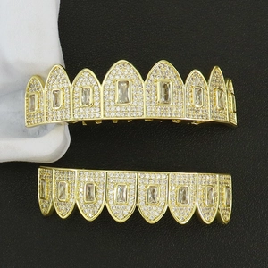 Hip hop gold grillz set with micro paved cubic zirconia and rectangular diamonds