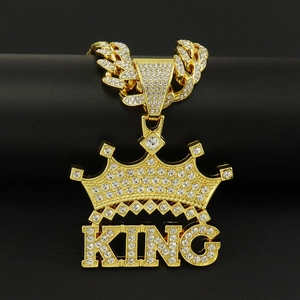Hip Hop King Krone Buchstaben Anhänger Halskette Iced Out Strass Legierung Cuban Link Kette Punk Schmuck Für Damen Herren