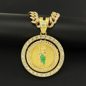 Collier Pendentif Saint Jude Rotatif Hip Hop Iced Out Pour Hommes Femmes Alliage Strass Émail Religieux Saint Jude Thaddeus Chaîne À Maillons Cubains Bijoux