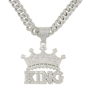 Silberne KING Krone Anhänger mit Panzerkette Hip Hop Halskette für Herren mit Strass