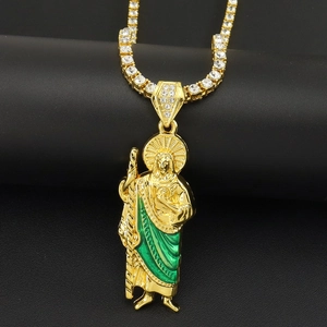 Hip Hop Saint Jude Thaddeus Religious Pendant Necklace For Men Women Alloy Rhinestone Enamel Medal San Judas Tadeo Jewelry