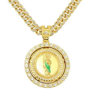 Collier pendentif Saint Jude doré avec strass rotatifs et chaîne à mailles cubaines