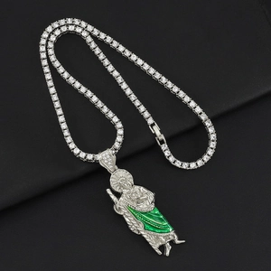 Religious Saint Jude pendant necklace with green enamel and sparkling silver tennis chain