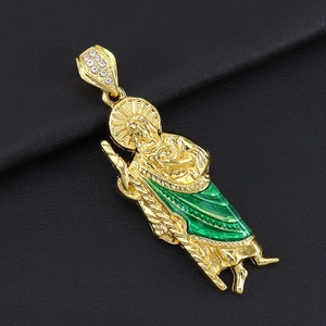 Hip hop St. Jude Thaddeus pendant in gold finish with green enamel and zircon stones