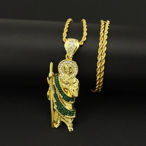 Religious St. Jude pendant necklace with green rhinestones and gold rope chain