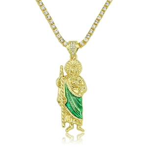Close-up of Saint Jude Thaddeus pendant with green enamel and iced out tennis chain