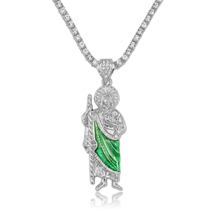 Hip hop Saint Jude pendant necklace with green enamel and sparkling tennis chain jewelry