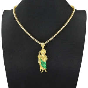 Hip hop St. Jude pendant necklace with green enamel on a sparkling gold tennis chain