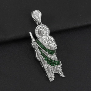 Silver Saint Jude Thaddeus pendant necklace with white and green crystals on black leather