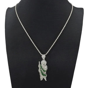 Silver St. Jude pendant necklace with green zircons on a classic rope chain accessory