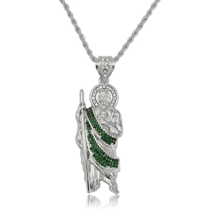 Macro detail of St. Jude religious pendant with green stones and rope chain necklace