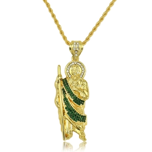 Religious St. Jude pendant necklace in gold finish with green gemstones and rope chain