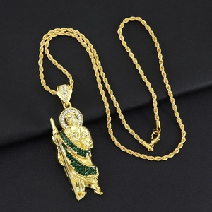Hip hop St. Jude pendant necklace with gold plating and green zircon on twist chain