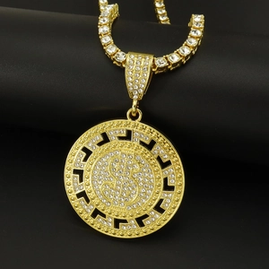 Hip Hop Dollar Sign Medallion Necklace Alloy Zirconia Bling Round Pendant Tennis Chain Jewelry Men Women Club Accessories