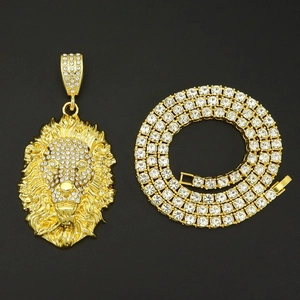 Hip hop leeuwenkop hanger met fonkelende kristallen tennisketting in goudkleur