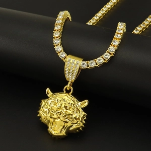 Collier Pendentif Tête de Tigre en Alliage Strass Iced Out Bijoux Hip Hop Pour Hommes Femmes Pendentif Animal Or Argent Et Chaîne Rivière Zircone