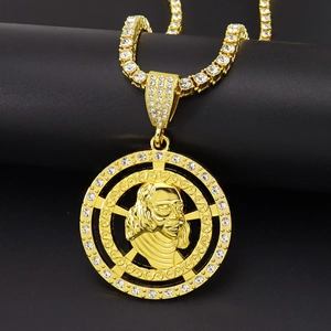 Hip Hop Iced Out Round Portrait Medallion Pendant Necklace Alloy Rhinestone Tennis Chain Men Women Streetwear Jewelry