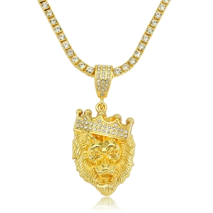 Halskette mit Löwenkopf Anhänger Krone und glitzernder Tennis-Kette für Herren