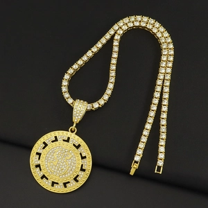 Gold hip-hop tennis chain with iced out dollar sign circular Greek key pendant