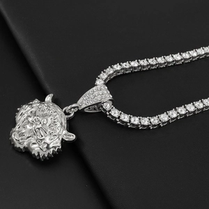 Collier hip-hop pendentif tête de tigre argenté avec zircons brillants sur chaîne tennis