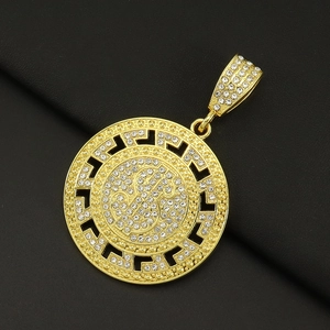 Hip hop dollar sign pendant necklace with gold plating and iced out diamond round medallion