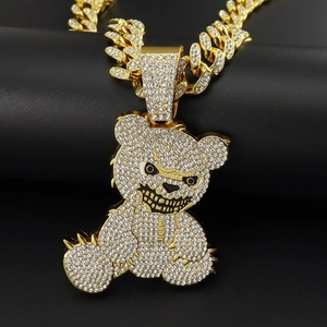 Iced Out Angry Bear Pendant Necklace With Alloy Rhinestone Cuban Link Chain Hip Hop Cool Streetwear Clavicle Jewelry For Men Women