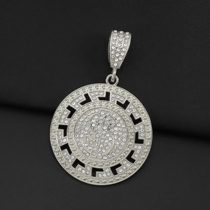 Detailed macro view of silver dollar sign hip hop pendant with sparkling zircon stones