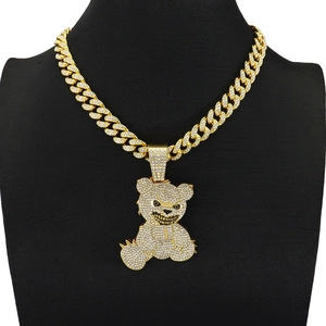 Hip hop gold Cuban link necklace featuring a fully iced-out angry bear pendant with zircons