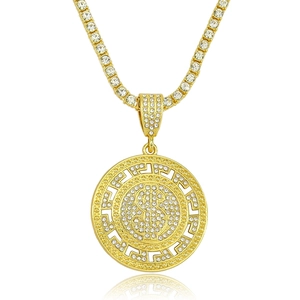 Hip hop style gold dollar sign pendant necklace with iced out tennis chain for men and women