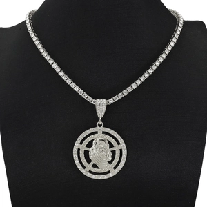 Hiphop silver medallion necklace with Benjamin Franklin portrait and iced out tennis chain
