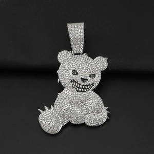 Hiphop cuban necklace with iced out bear pendant featuring sparkling white rhinestones