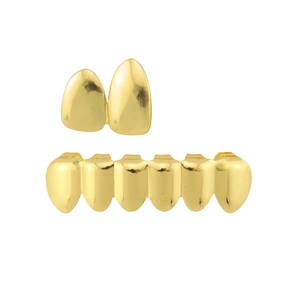 Polished gold hip hop grillz set featuring six-tooth and double-fang dental accessories