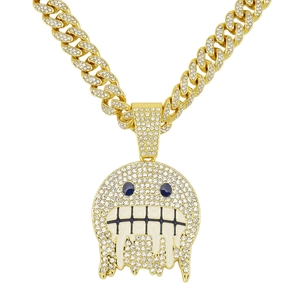 Collana a catena cubana oro hiphop con ciondolo emoji fuso e strass scintillanti