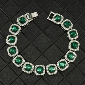 Hip Hop Link Chain Bracelet Alloy Silver Plated Green Square Rhinestone Emerald Style Halo Jewelry For Streetwear Party Unisex