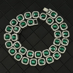 Collier Bracelet de Luxe en Alliage Plaqué Argent Maillon Cubain avec Zircone Carrée Vert Émeraude pour Homme Femme Bijoux Hip Hop