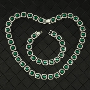 Luxury emerald-style iced out Cuban chain necklace and bracelet set in heart-shaped layout
