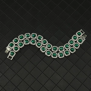 13mm Green emerald cut cuban link bracelet with silver base and white diamond accents