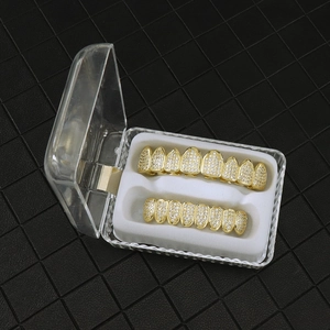 Hiphop 8-teeth gold plated grillz set with micro-pave zircons in a clear storage box