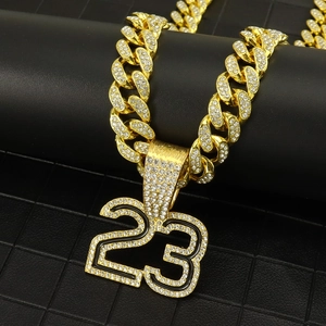 Hip Hop Iced Out Number 23 Pendant Necklace Alloy Rhinestone Cuban Link Chain Jewelry For Men Women Sparkly Neckwear