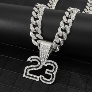 Iced out number 23 pendant with silver Cuban link chain for hip hop street style fashion