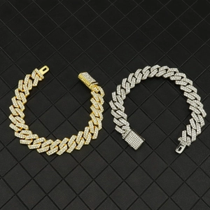 Bracelet gourmette cubaine serti de diamants en finitions dorée et argentée