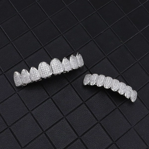 Detailed view of silver iced-out hiphop grillz set with sparkling zircon stones