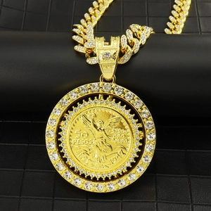 Collana con Ciondolo a Moneta Rotonda con Angelo in Stile Hip Hop per Uomo Donna Lega di Zinco Strass Catena a Maglie Cubane