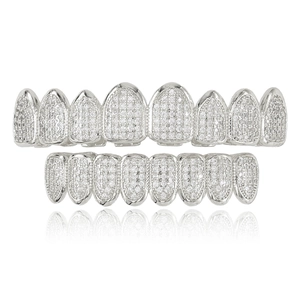 Symmetric front view of silver-tone hip hop grillz set with pavé-set white cubic zirconia