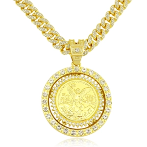 Collana hip hop oro con ciondolo moneta 50 pesos angelo rotante e catena cubana con diamanti