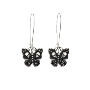 Gothic black butterfly skull drop earrings with vintage hooks for Halloween style